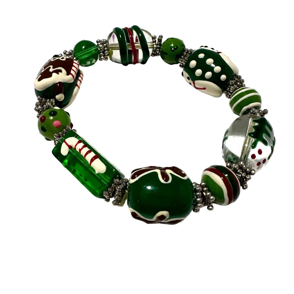 Christmas‎ Glass Beads Bracelet Holiday Candy Cane Gingerbread Handmade Bracelet